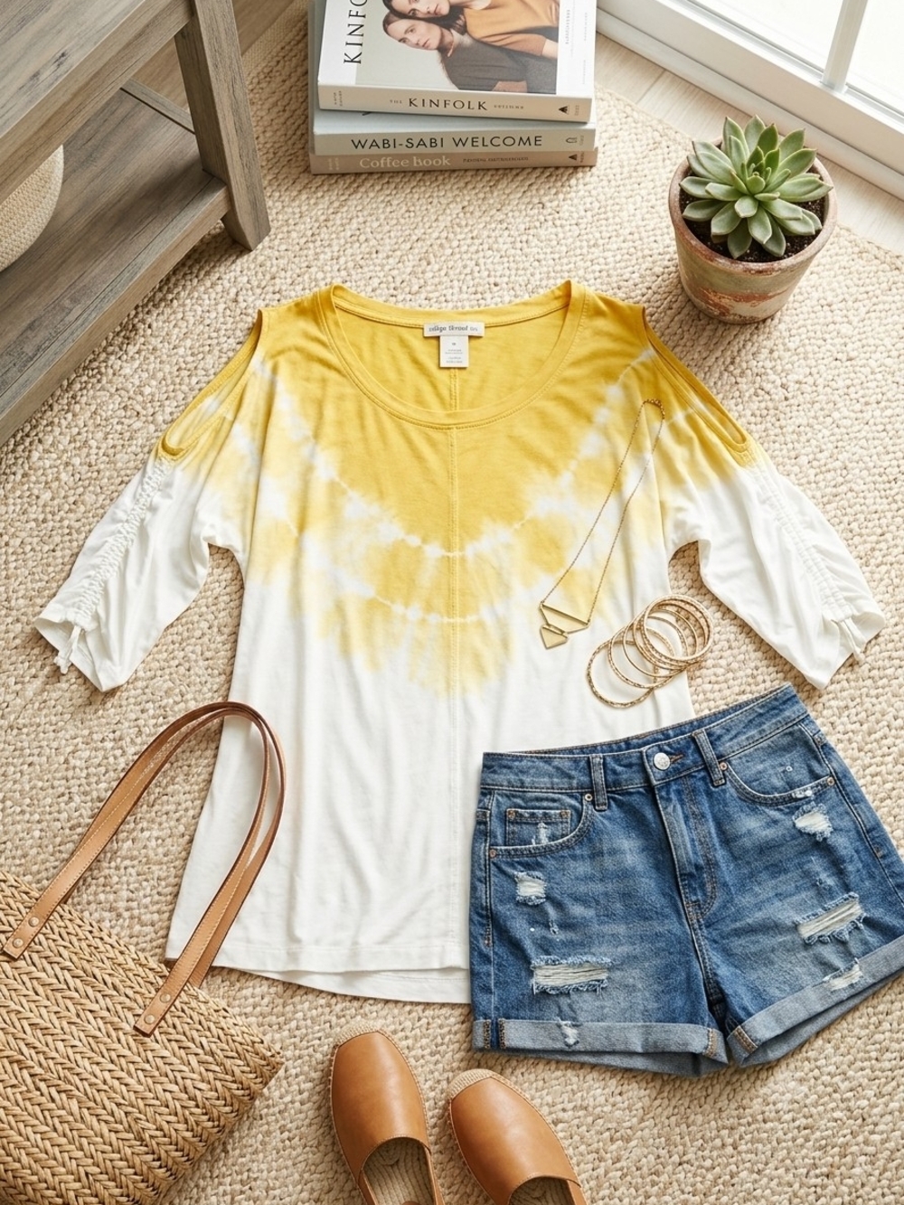 Cold-Shoulder Tie-Dye Scoop Neck Top in Yellow and White